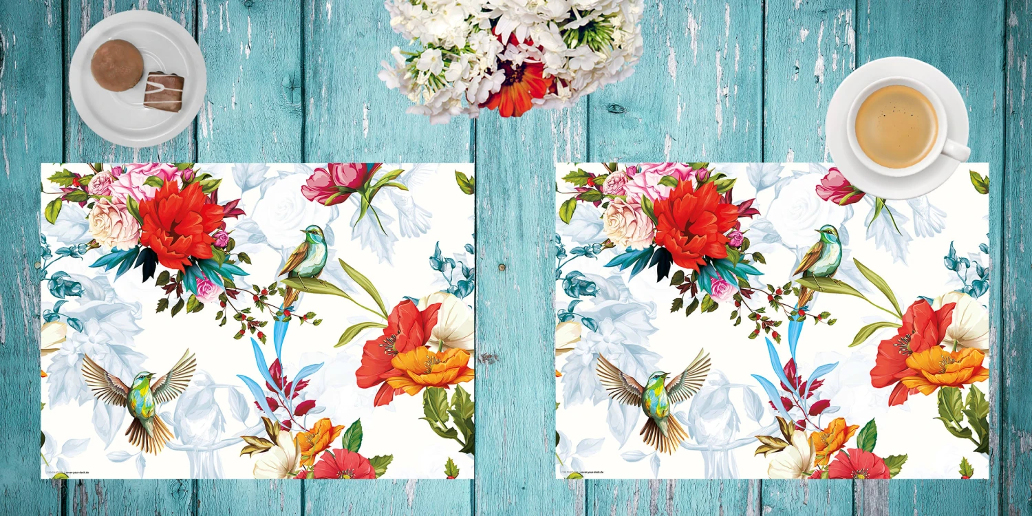Tischsets I Platzsets Abwaschbar - Bunte Kolibris Mit Wildblumen - Aus Erstklassigem Vinyl (Kunststoff Ð BPA-frei) - 4 Stück - 44 X 32 Cm - Rutschfeste Tischdekoration – Bild 3