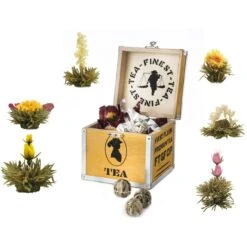 Holz-Teekiste + 6 Teeblumen "ErblühTee Weißer Tee"