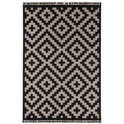 Flachgewebe Teppich Fransen Stockholm Schwarz Naturfarben