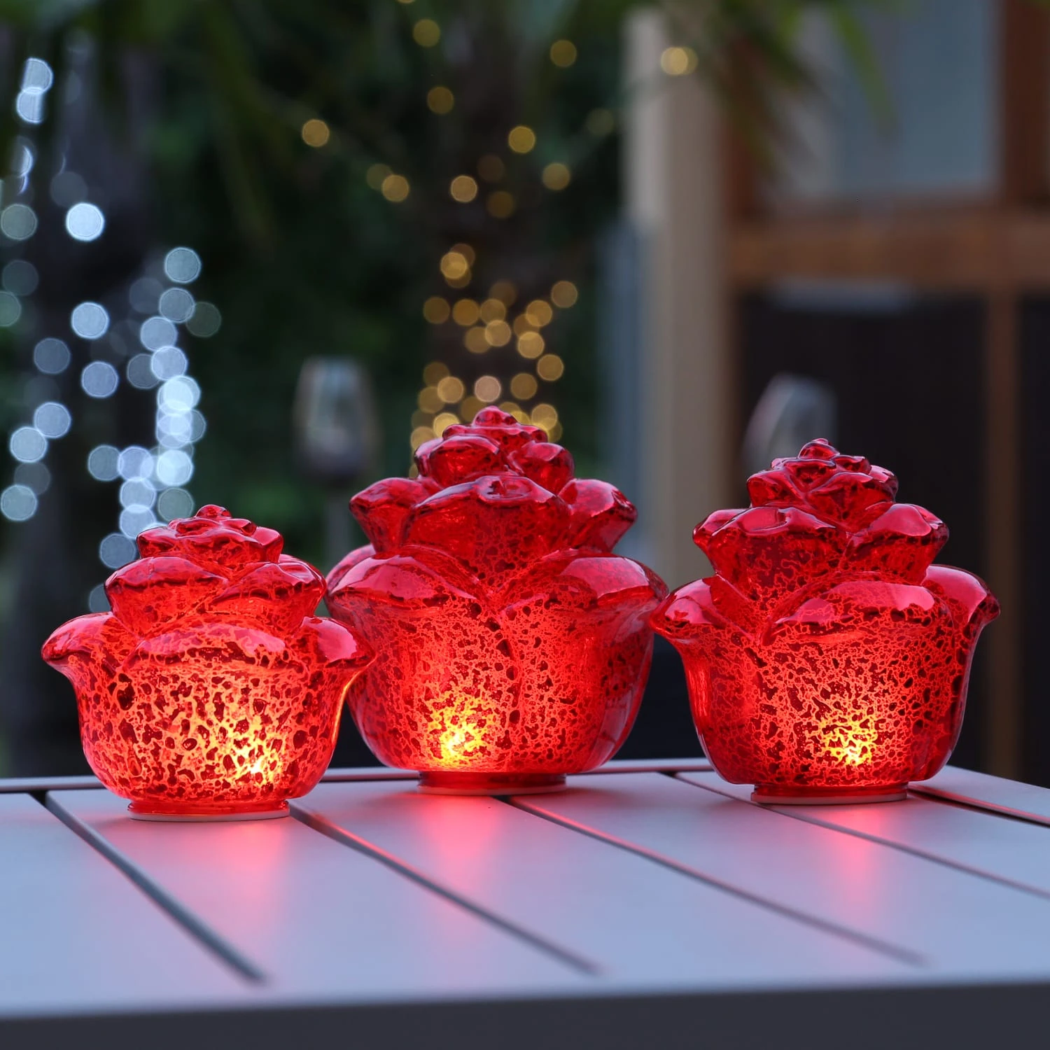3er Set Dekorose Glas Mit LED In Rot