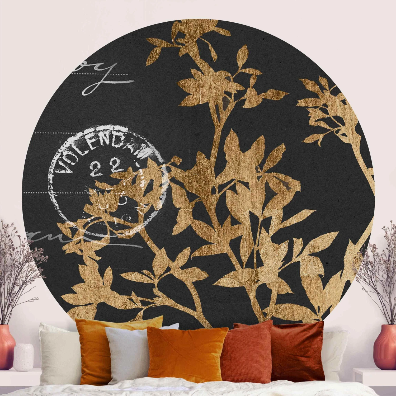 Runde Tapete - Goldene Blätter Auf Mokka II In Schwarz – Bild 3