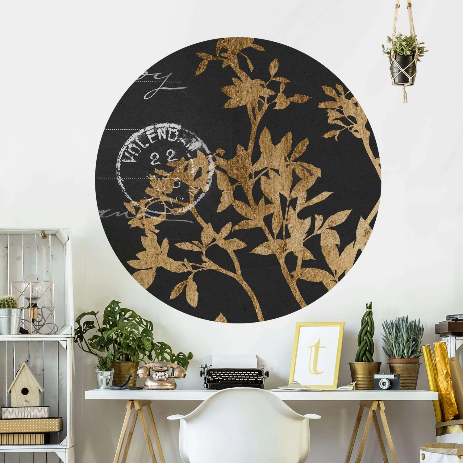 Runde Tapete - Goldene Blätter Auf Mokka II In Schwarz – Bild 4