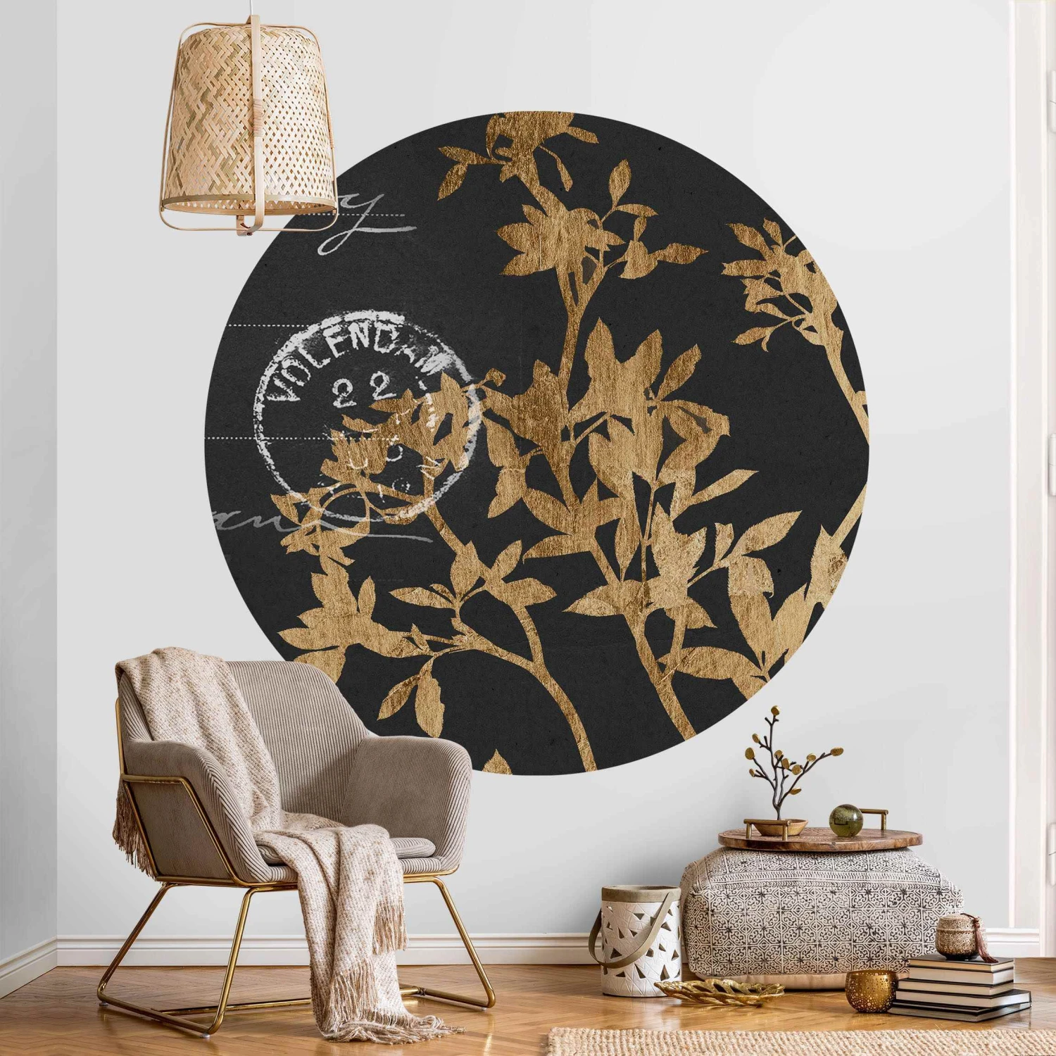 Runde Tapete - Goldene Blätter Auf Mokka II In Schwarz – Bild 5