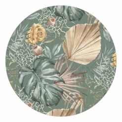 Runde Tapete - Große Blätter Mit Rosen Vor Grün In Grün