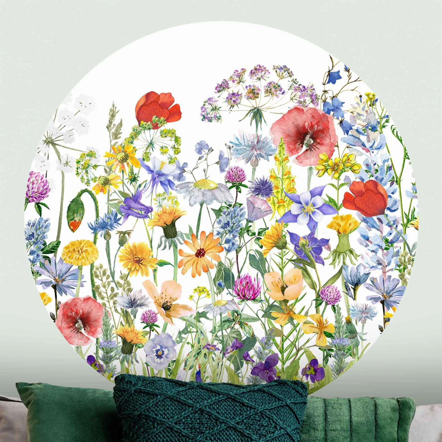 Runde Tapete Selbstklebend - Aquarellierte Blumenwiese In Bunt – Bild 3
