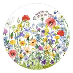 Runde Tapete Selbstklebend - Aquarellierte Blumenwiese In Bunt