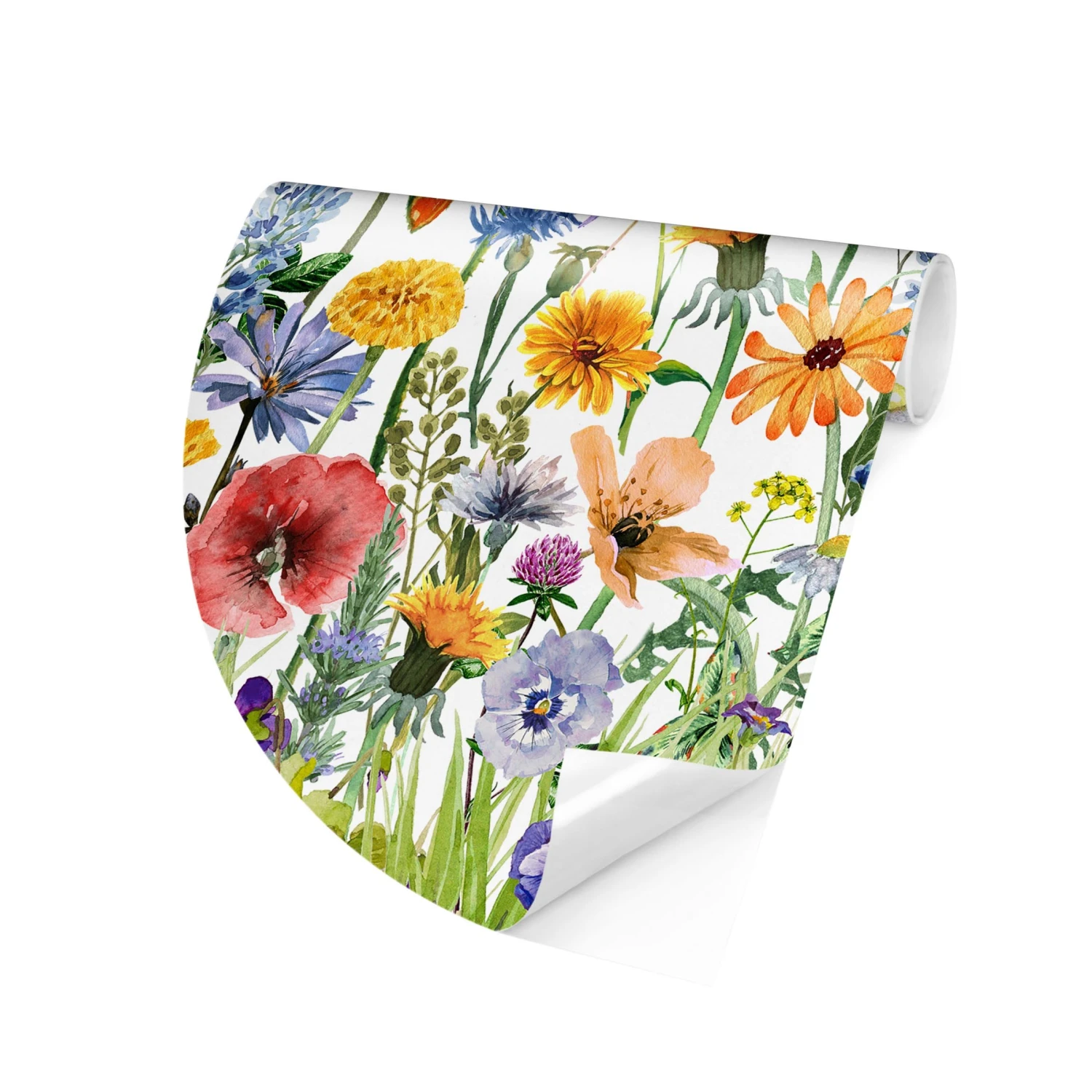 Runde Tapete Selbstklebend - Aquarellierte Blumenwiese In Bunt – Bild 6