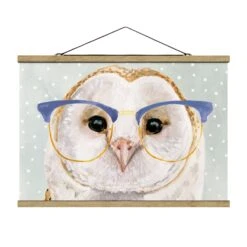 Stoffbild Mit Posterleisten - Bebrillte Tiere - Eule In Creme-Beige