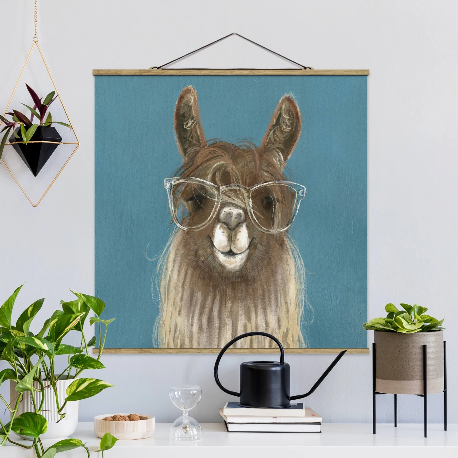 Stoffbild Mit Posterleisten - Lama Mit Brille III In Blau – Bild 2
