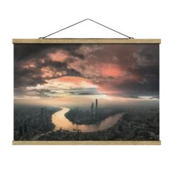 Stoffbild Mit Posterleisten - Shanghai Am Morgen In Orange